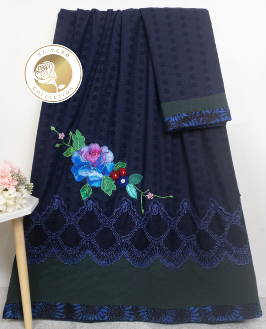 Navy Blue Chicken Rida With Smart Dark Lace & Colorful Floral Work