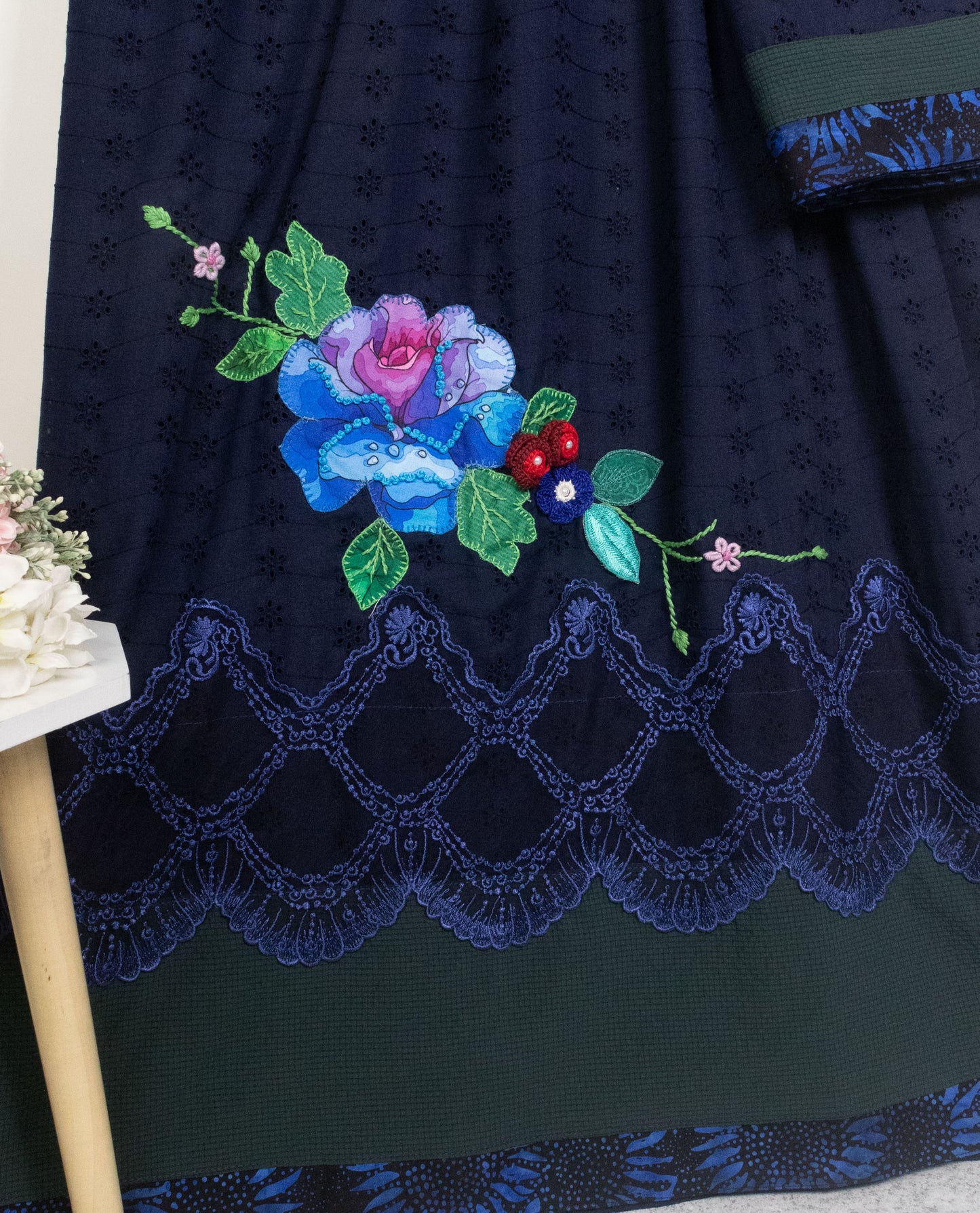 Navy Blue Chicken Rida With Smart Dark Lace & Colorful Floral Work