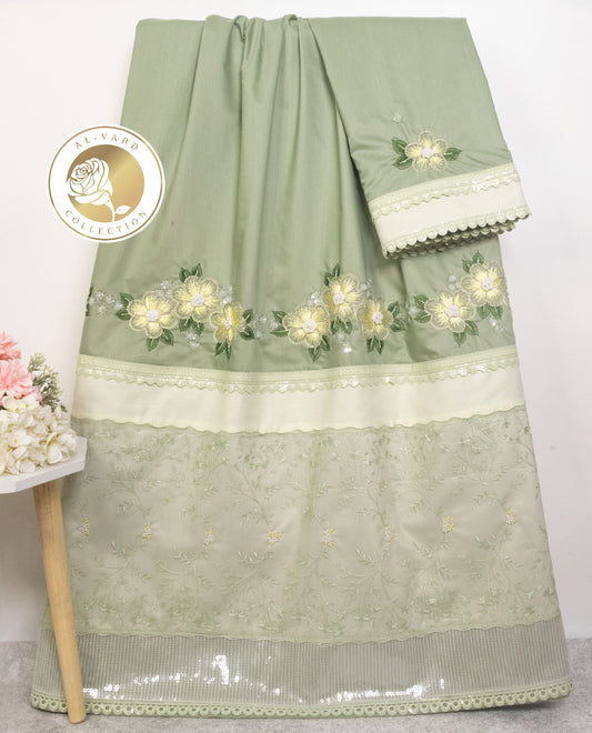 Sage green rida with smart lace and border aari work