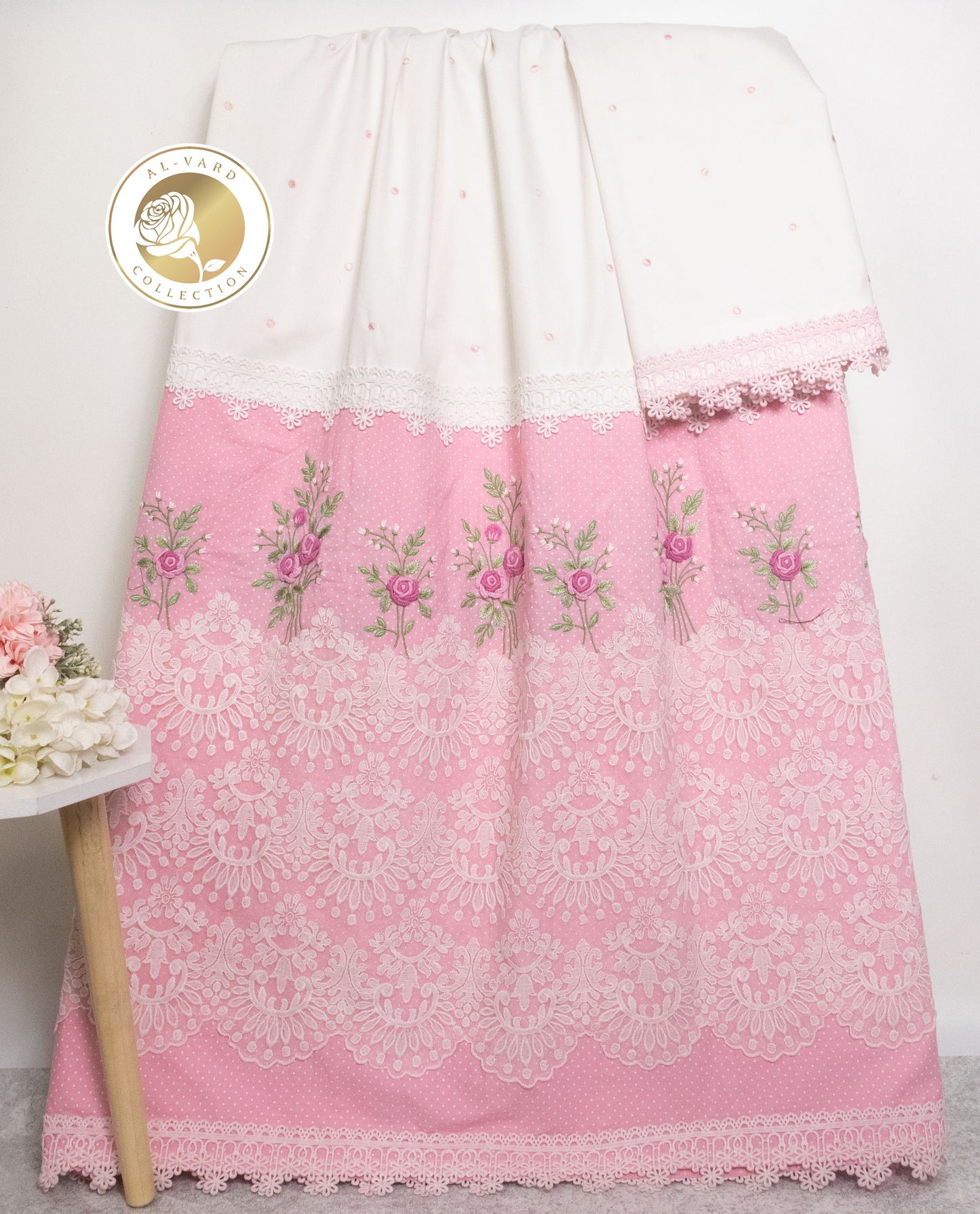 White & Baby Pink Rida With Heavy Lace & Bullion Flower Work