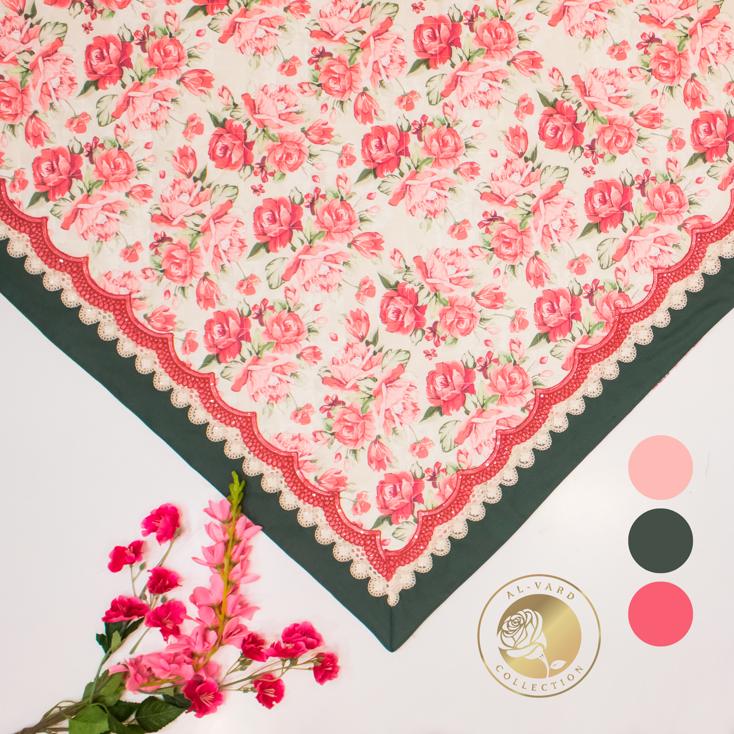 Off White Rose Printed Quilted Sujni With Smart Lacing On Border