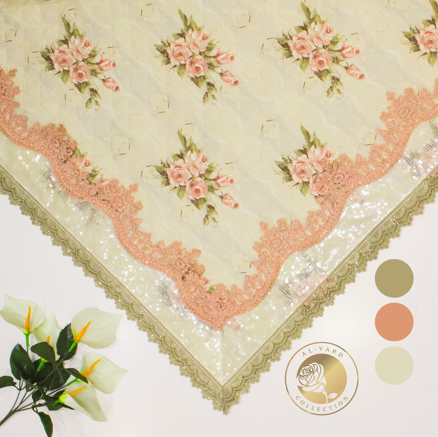 Beige Flower Bunch Print Quilted Sujni With Smart Sequence Lace On Border