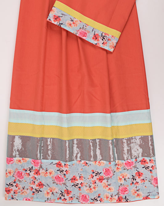 Tomato Red Rida With Smart Floral Panel & Sequence Lace
