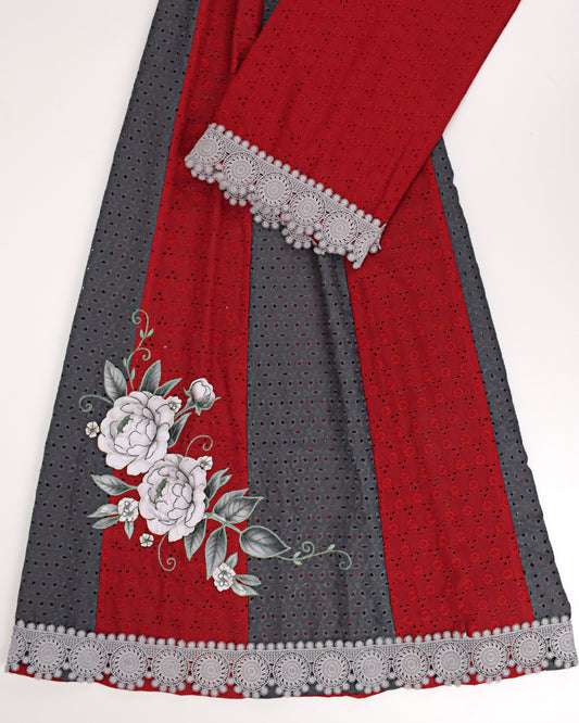 Red & Grey Hakoba Skirt Pattern Rida With Rose Applique