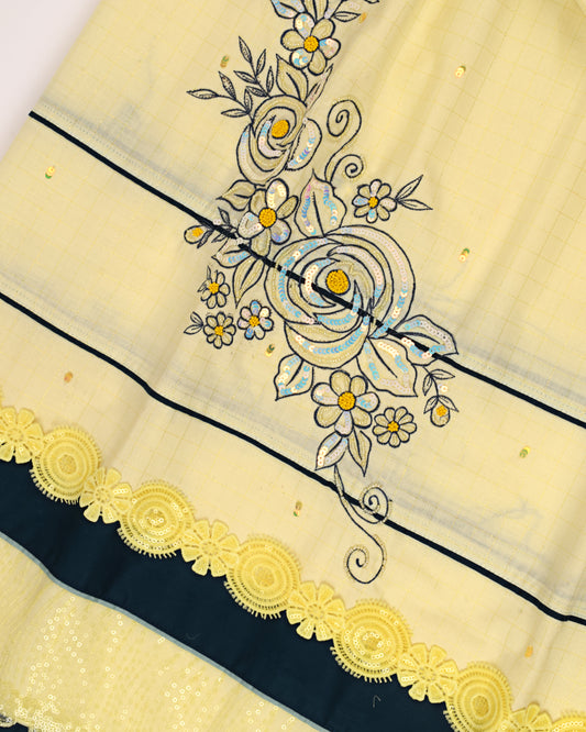 Lemon Yellow Rida With Floral Work & Smart Sequence Lace