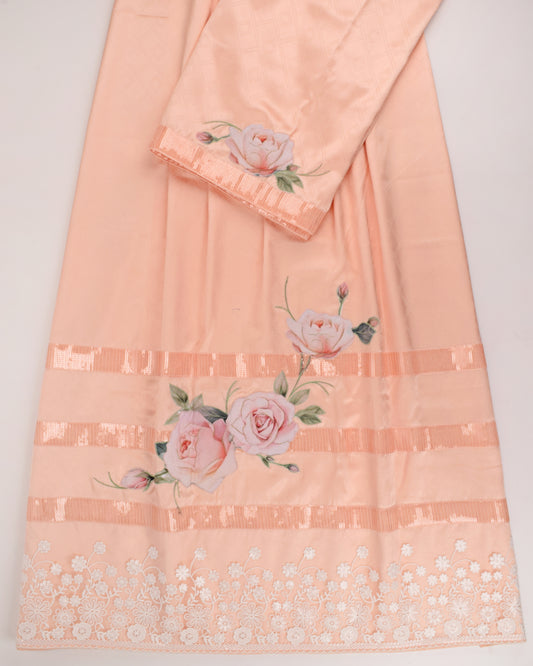 Peach Rida With Smart Sequence Lace  & Rose Applique Work