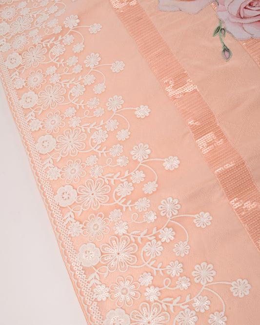 Peach Rida With Smart Sequence Lace  & Rose Applique Work