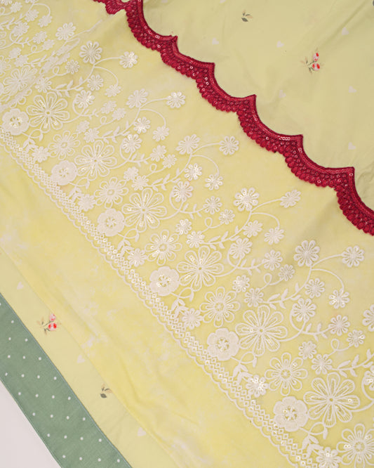 Lemon Yellow Printed Rida With Smart Sequence Lace & Panel