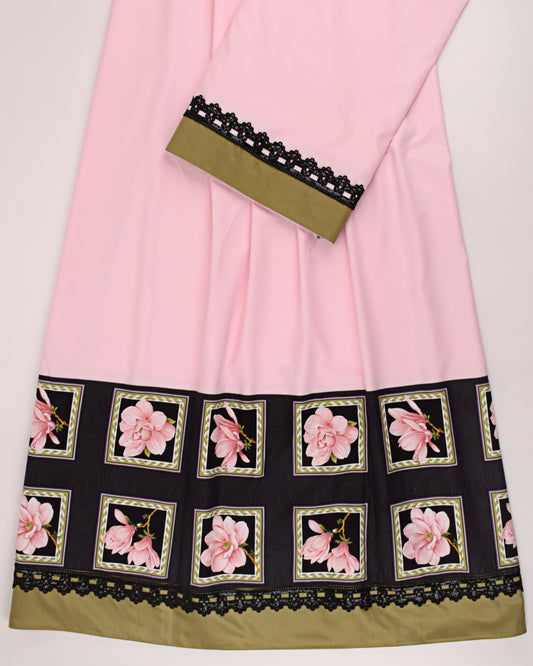 Baby Pink Rida With Black Floral Print & Smart Lace