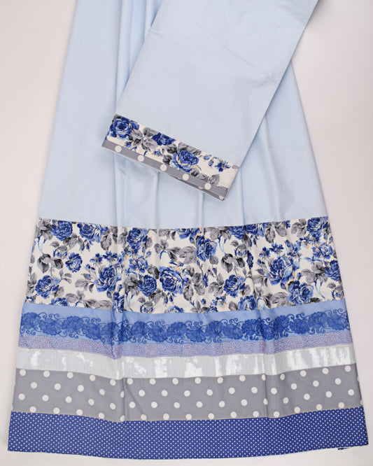 Sky Blue Rida With Smart Printed & Dots Panel & Lace