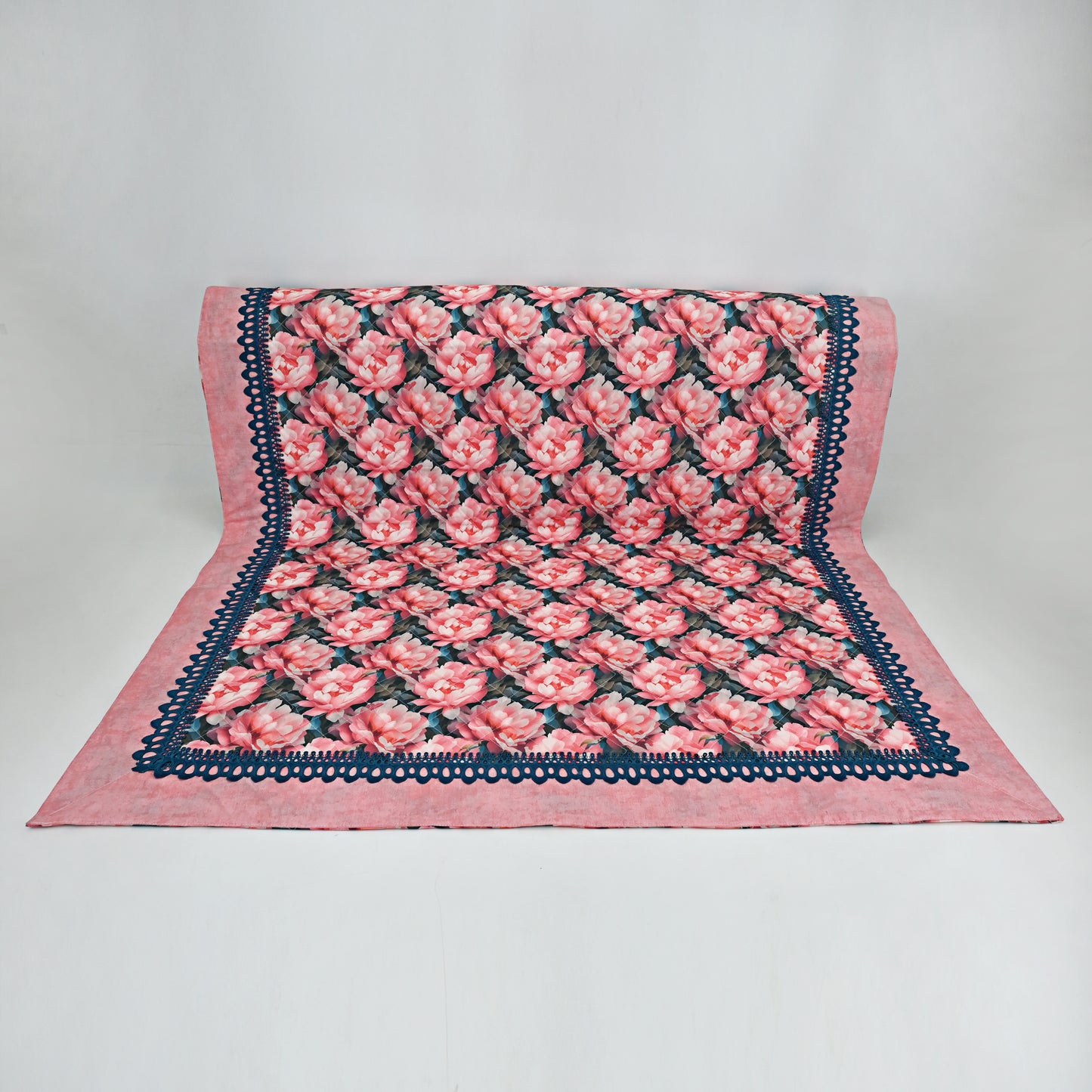 Pinkish Rose Printed Quilted Sujni With Dark Blue Lace & Tomato Red Border