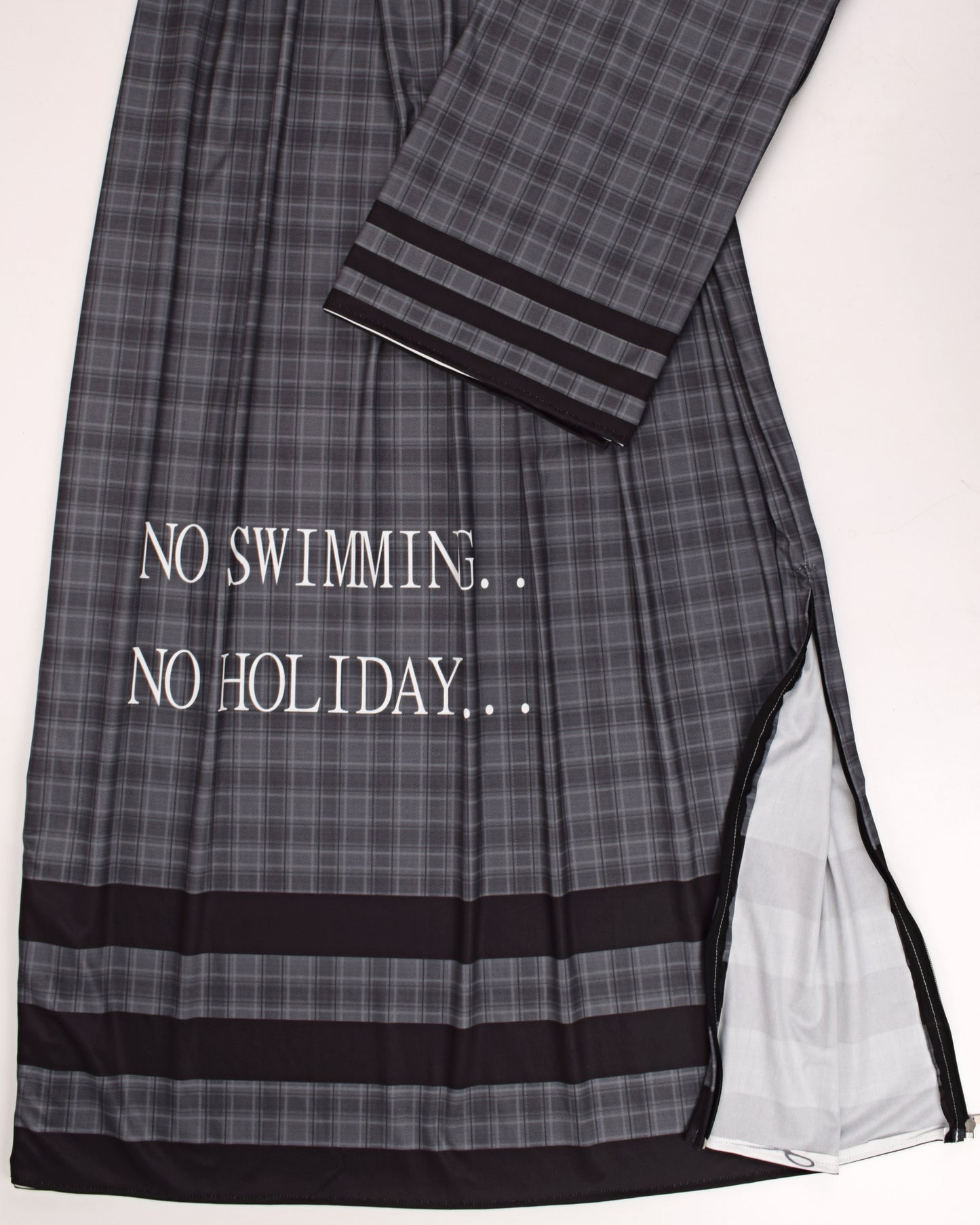 Grey Checks Swim Wear With Black Patti & NO Swimming NO Holiday Print