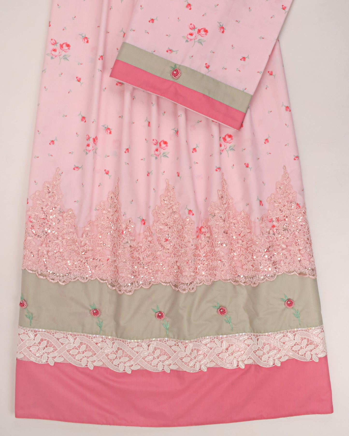 Baby Pink Printed Rida With Smart Panel Sequence Lace & Bullion Work