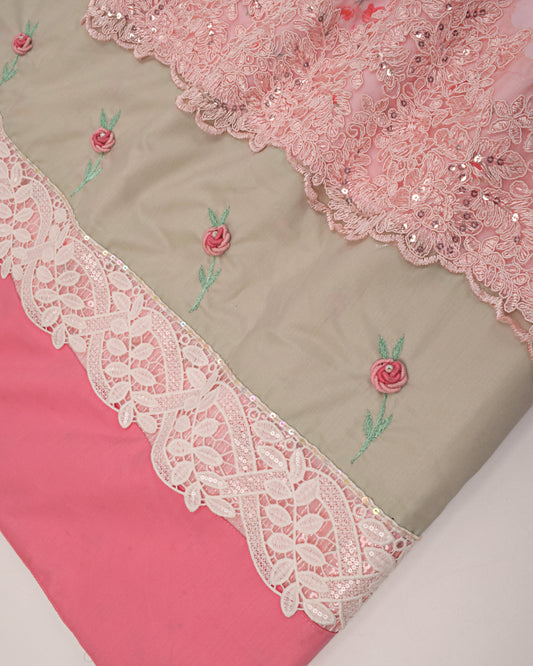 Baby Pink Printed Rida With Smart Panel Sequence Lace & Bullion Work