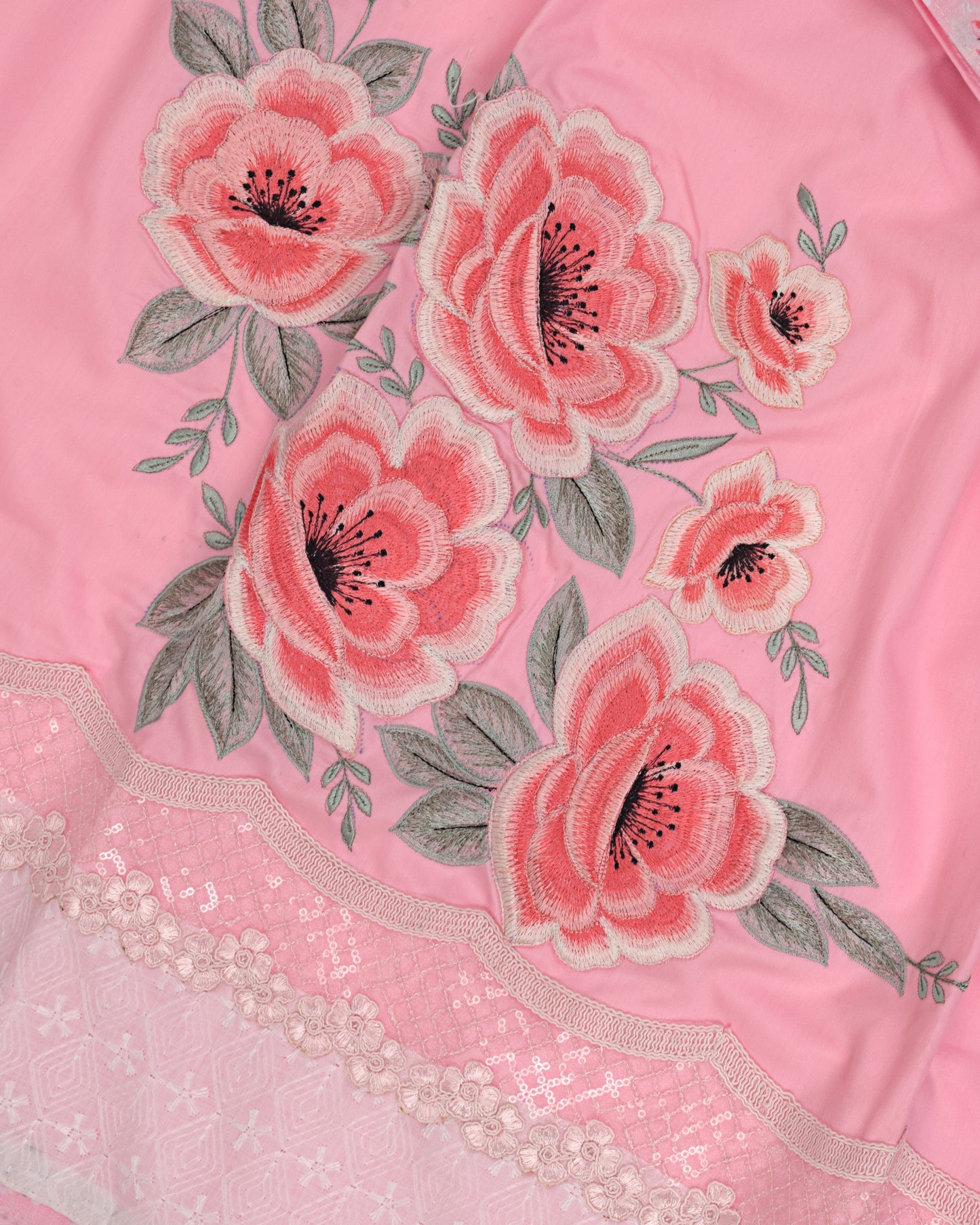 Baby Pink Rida With Smart Panel Lace & Floral Applique Bunch