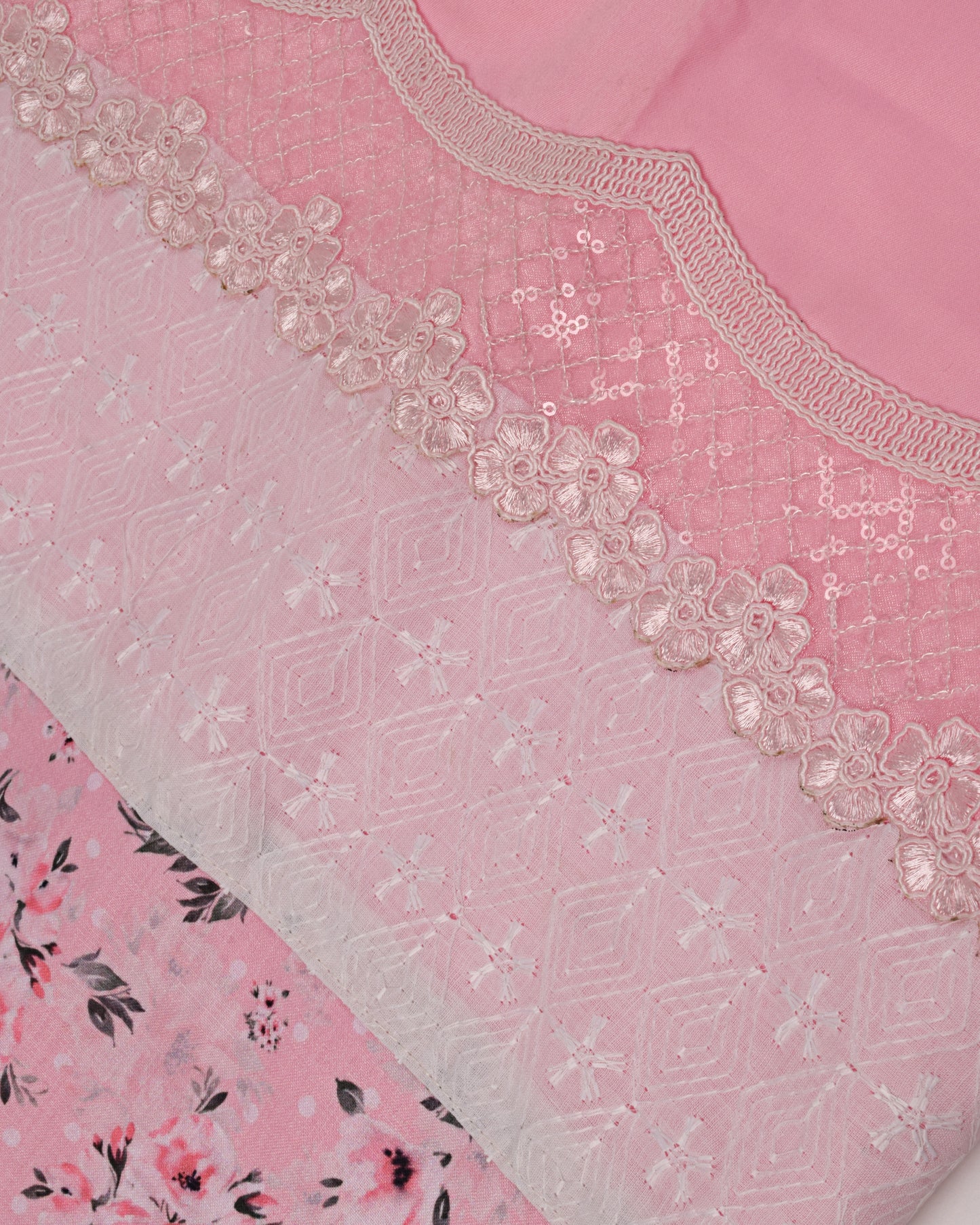 Baby Pink Rida With Smart Panel Lace & Floral Applique Bunch