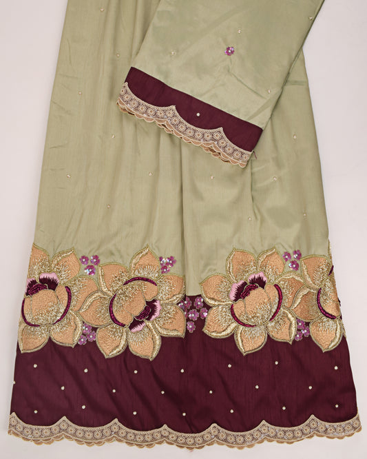 Sage Green Rida With Dark Maroon Panel & Heavy Aari Work Flower