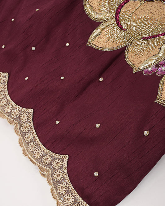 Sage Green Rida With Dark Maroon Panel & Heavy Aari Work Flower