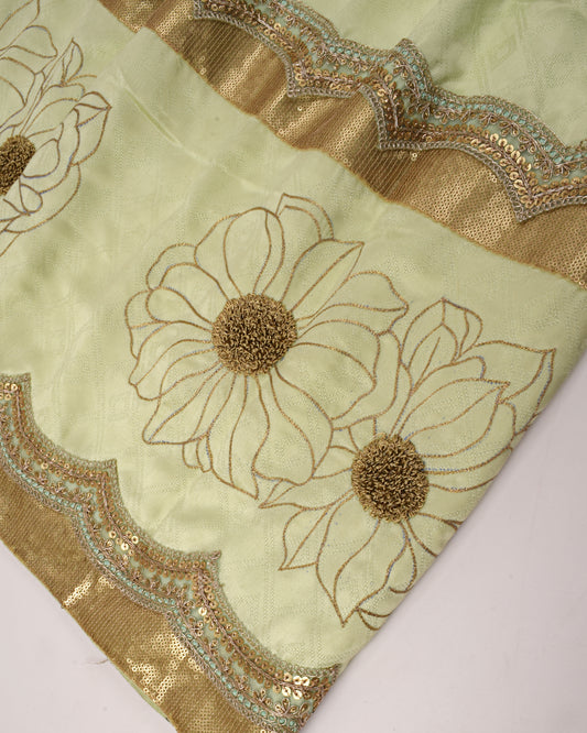 Pistachio Silk Rida With Golden Lace & Floral Embroidery Work