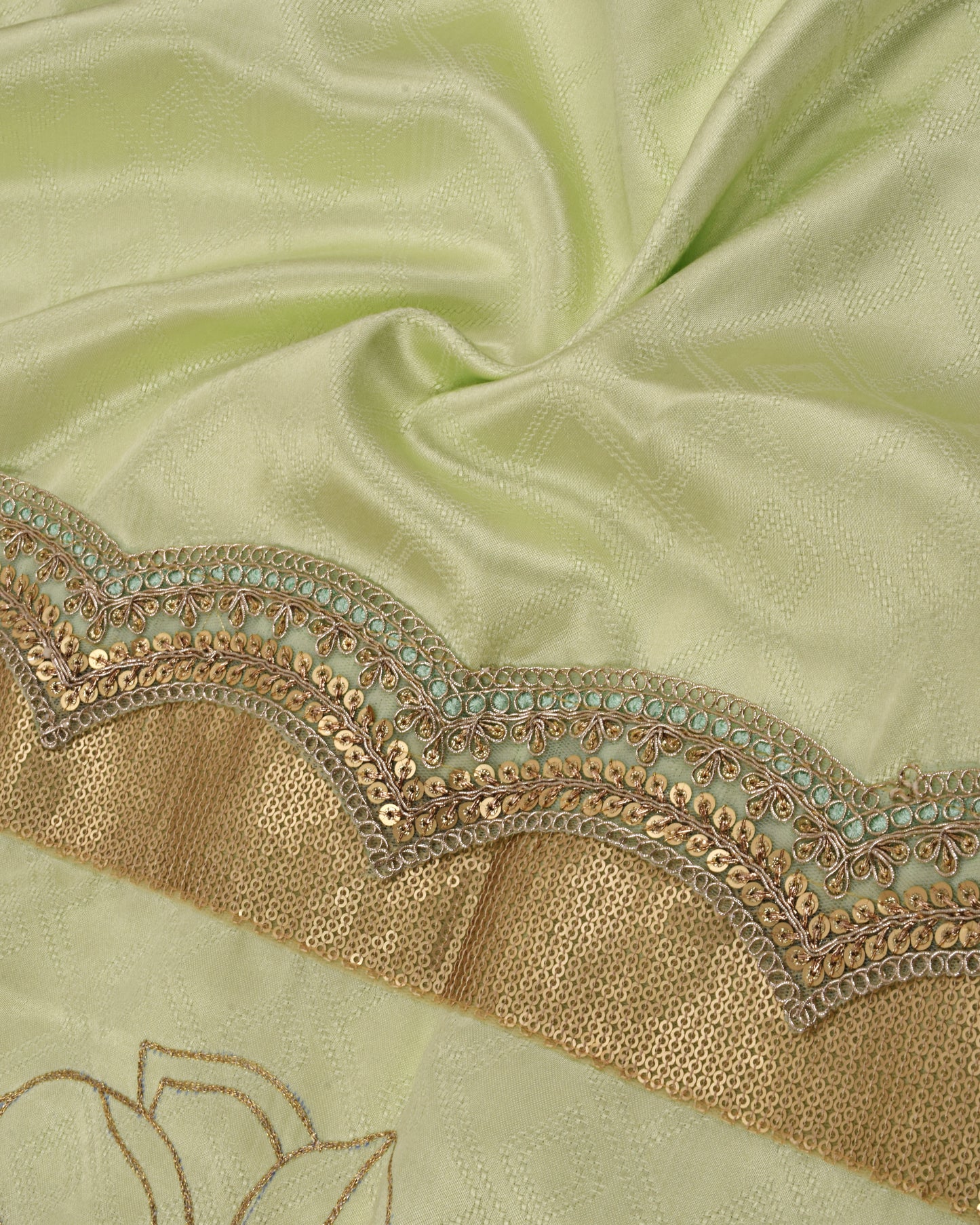 Pistachio Silk Rida With Golden Lace & Floral Embroidery Work