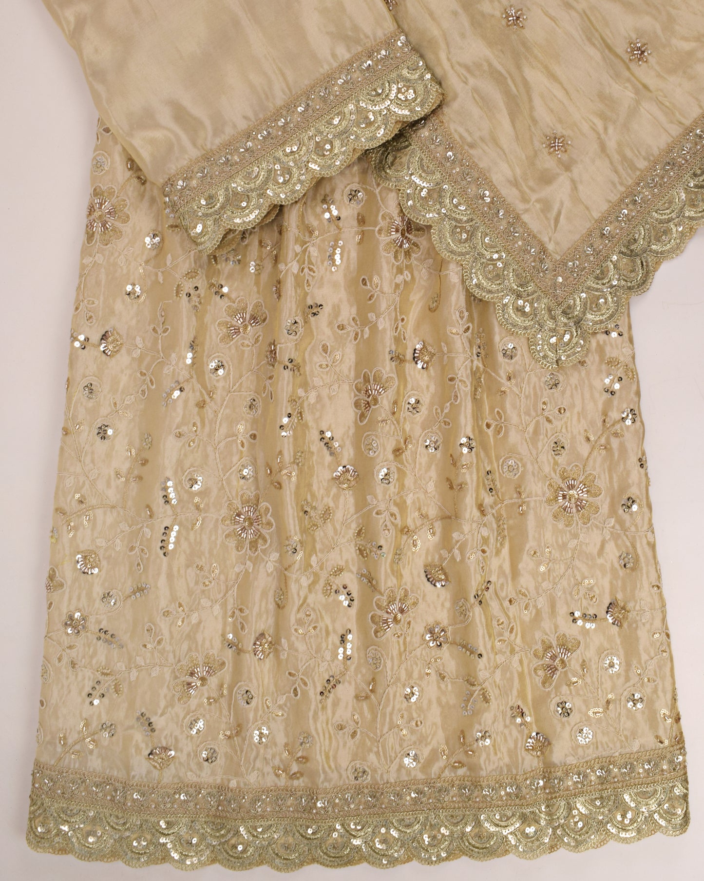 Cream RCJ  With Full Floral Aari Work & Aari Work Border On Dupatta