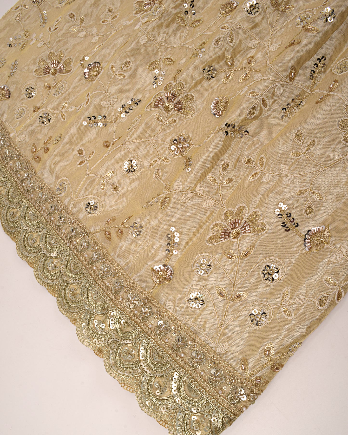 Cream RCJ  With Full Floral Aari Work & Aari Work Border On Dupatta