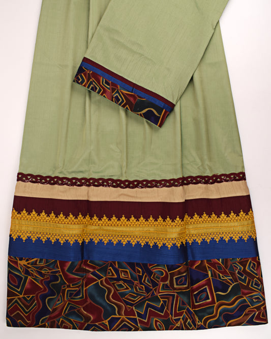 Sage Green Silk Rida With Smart Lace & Geometric Design Panel