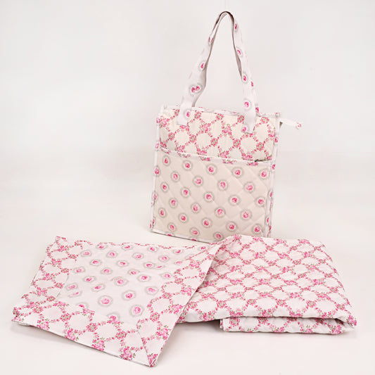 Off White Pink Floral Quilted Masallah & Bag Set With Additional Front Pocket