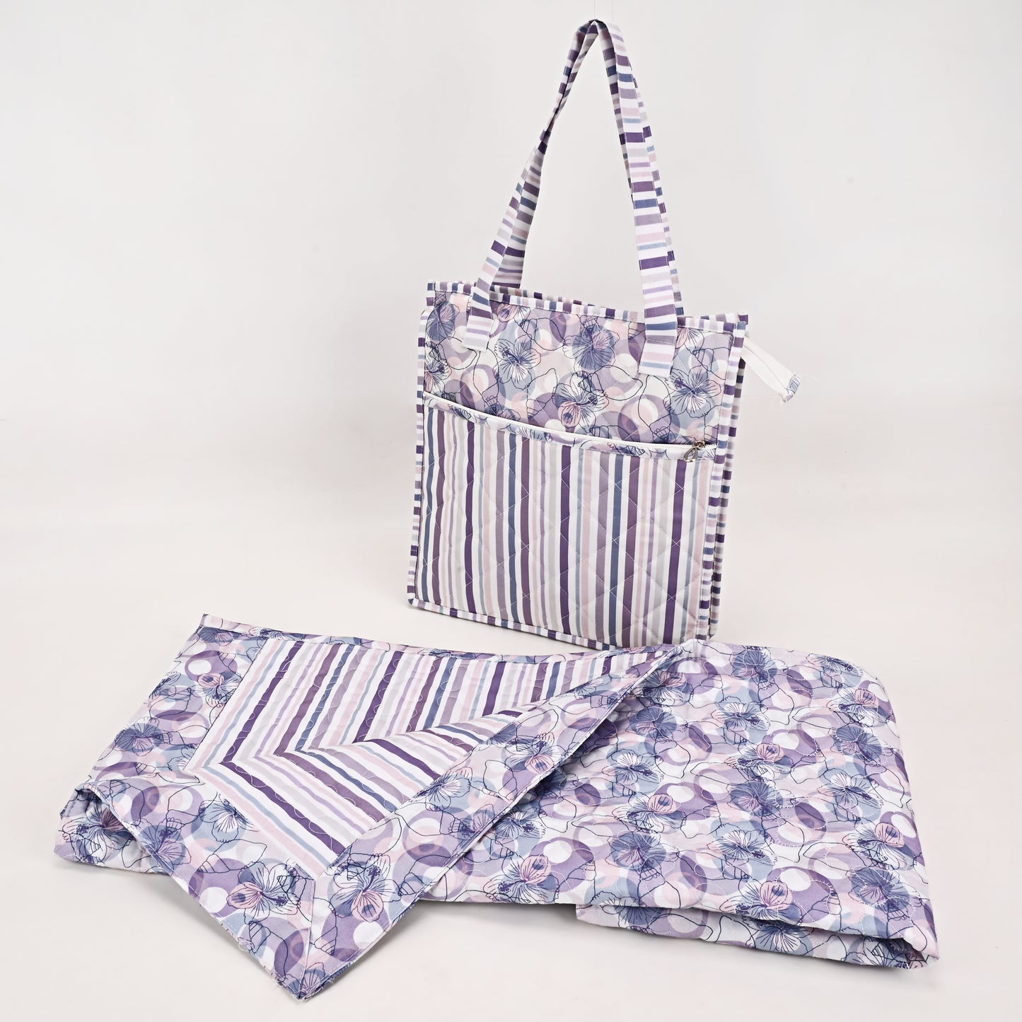 Purple Printed Quilted Masallah & Bag Set With Additional Front Pocket