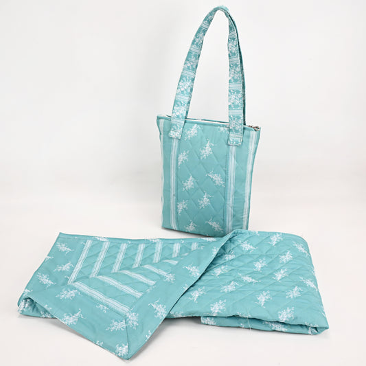 Green With White Floral & Lining Print Quilted Masallah & Bag Set