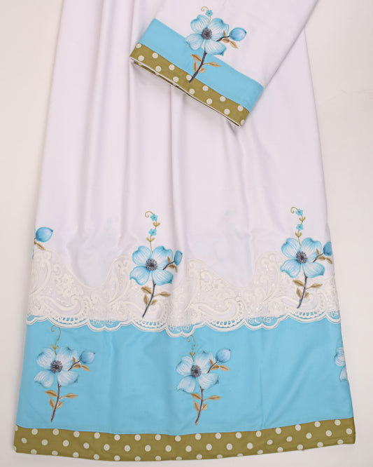 White Rida With Blue Panel White Lace & Floral Work