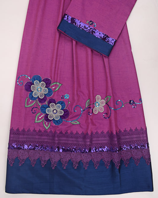 Dark Purple Rida With Dark Lace Panel & Floral Aari Work