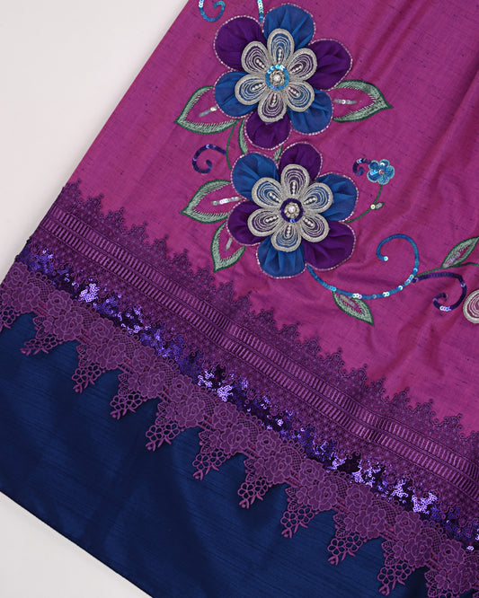 Dark Purple Rida With Dark Lace Panel & Floral Aari Work