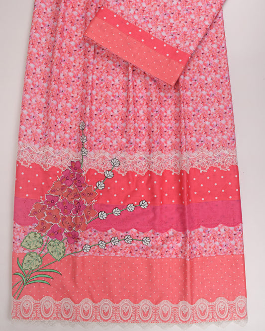 Pink Printed Rida With Smart Panel & Floral Work