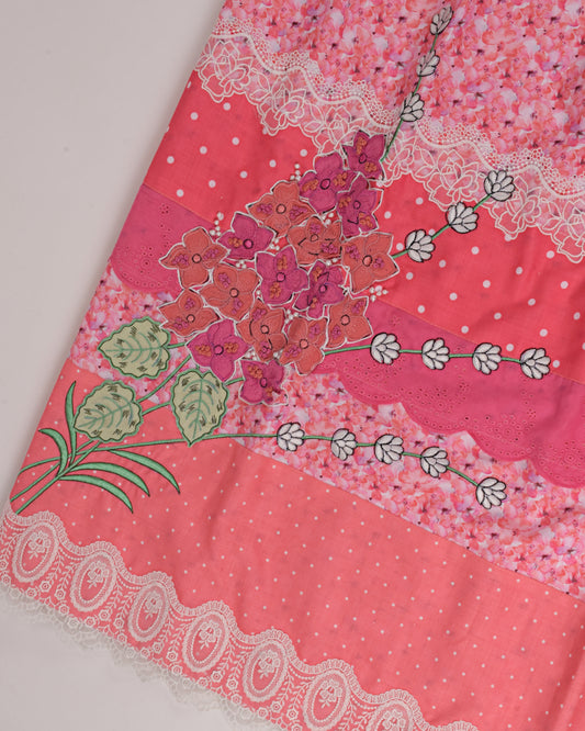 Pink Printed Rida With Smart Panel & Floral Work