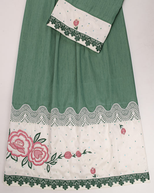 Sage Green Silk Rida With White Panel & Floral Aari Work On It