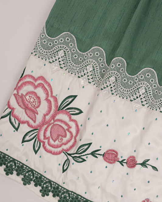 Sage Green Silk Rida With White Panel & Floral Aari Work On It