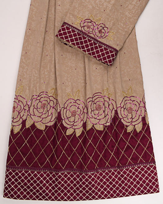 Khaki Abaya Rida With Aari Floral Border & Smart Panel