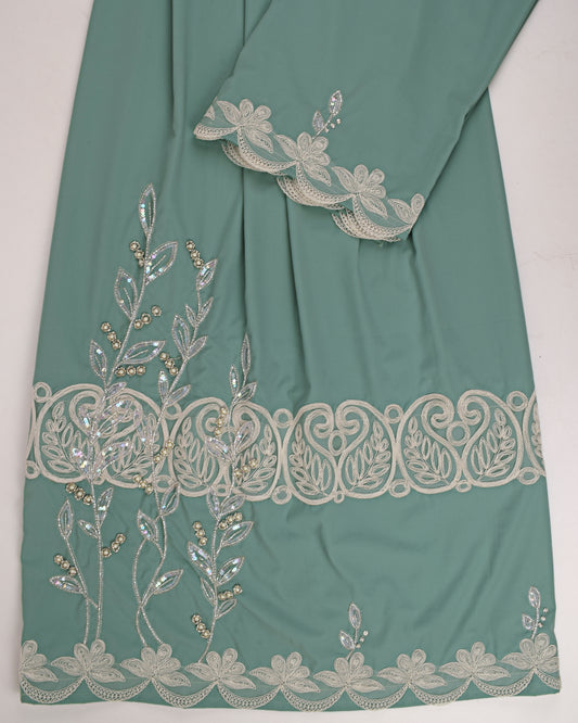 Pista Green Abaya Rida With Smart Lace & Floral Aari Work