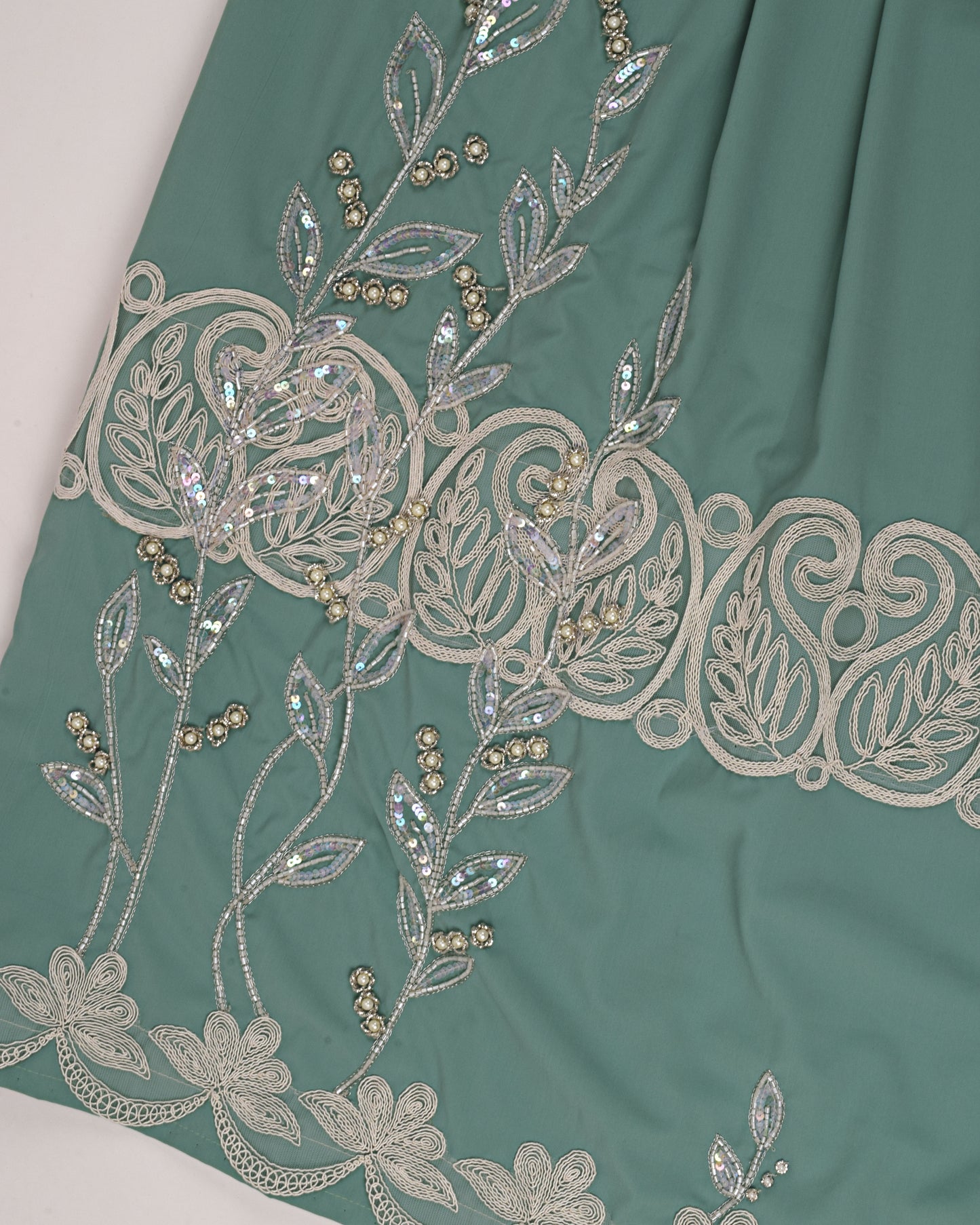 Pista Green Abaya Rida With Smart Lace & Floral Aari Work