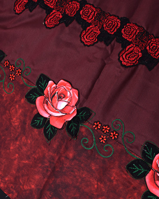 Dark Maroon Rida With Smart Rose Applique Work & Dark Panel