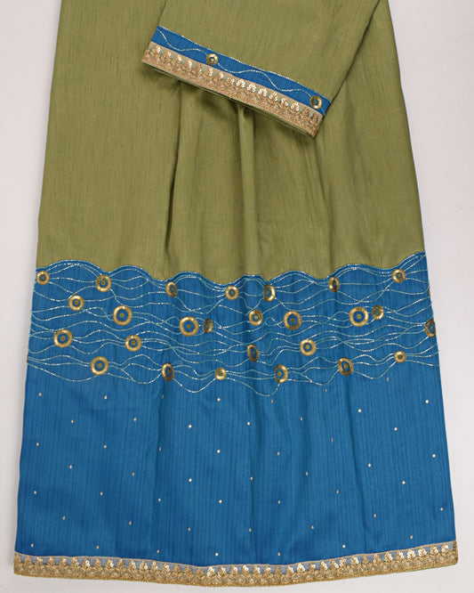 Mehndi Green Rida With Peacock Blue Panel & Aari Work On It