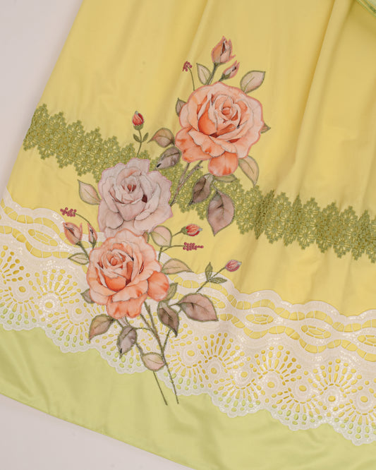 Lemon Yellow Rida With Smart Lace & Floral Applique Bunch