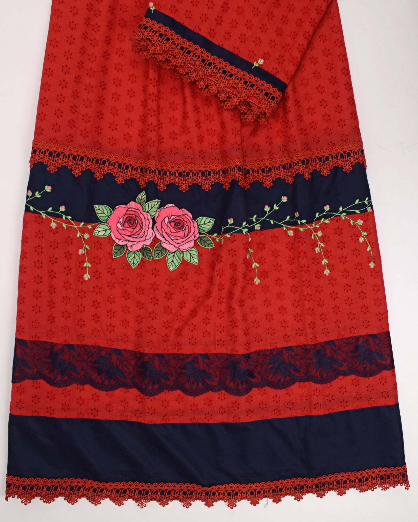 Blood Red Hakoba Rida With Navy Blue Panel Lace & Floral Applique Work