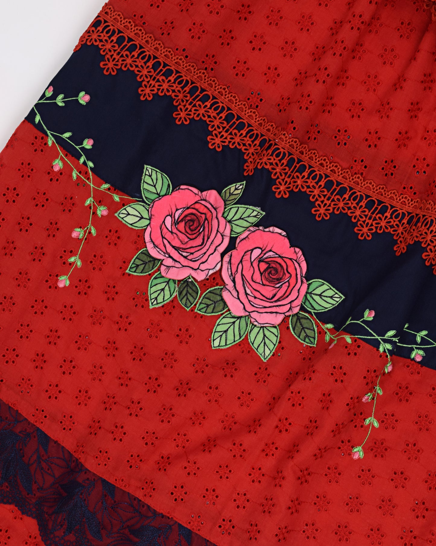 Blood Red Hakoba Rida With Navy Blue Panel Lace & Floral Applique Work