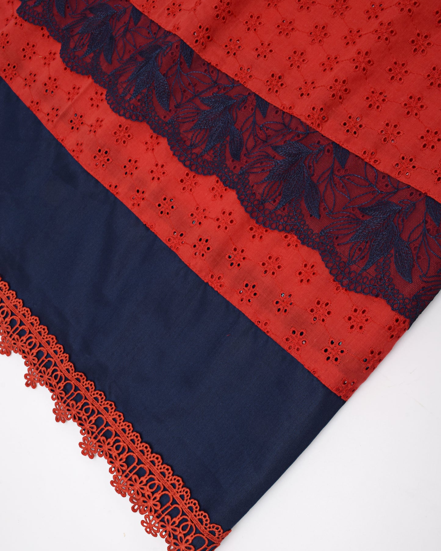 Blood Red Hakoba Rida With Navy Blue Panel Lace & Floral Applique Work