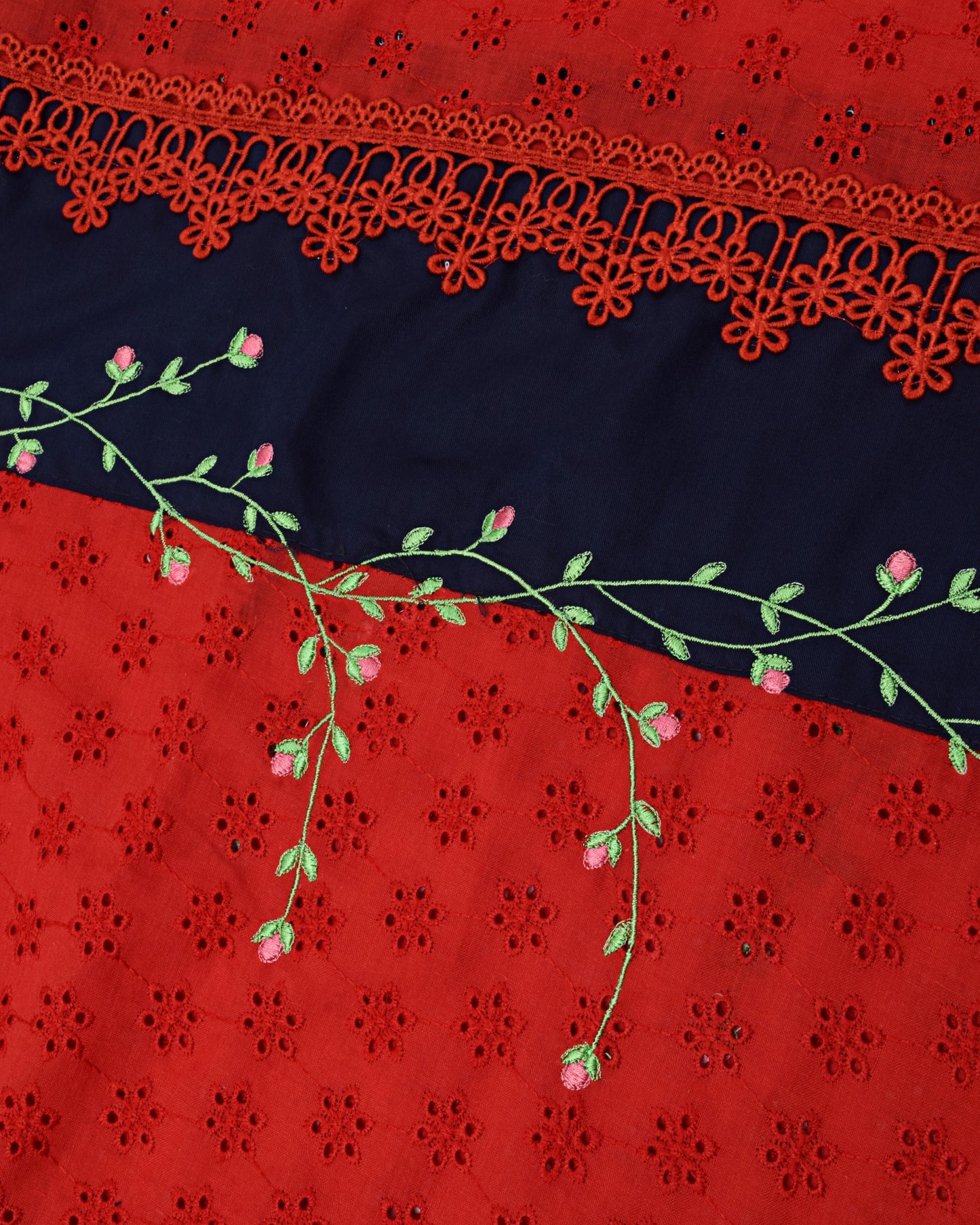 Blood Red Hakoba Rida With Navy Blue Panel Lace & Floral Applique Work