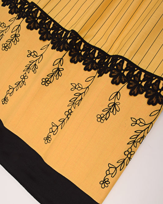 Mango Yellow Black Stripes Rida With Smart Black Lace & Embroidery