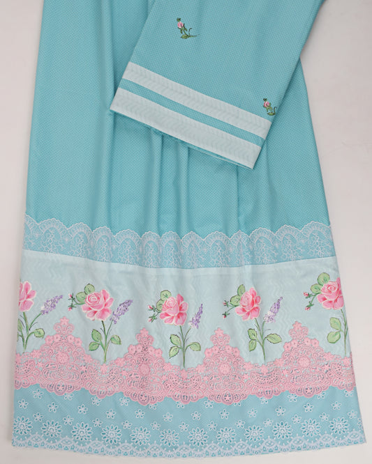 Light Blue White Dots Rida With Smart Lace & Rose Painting Work