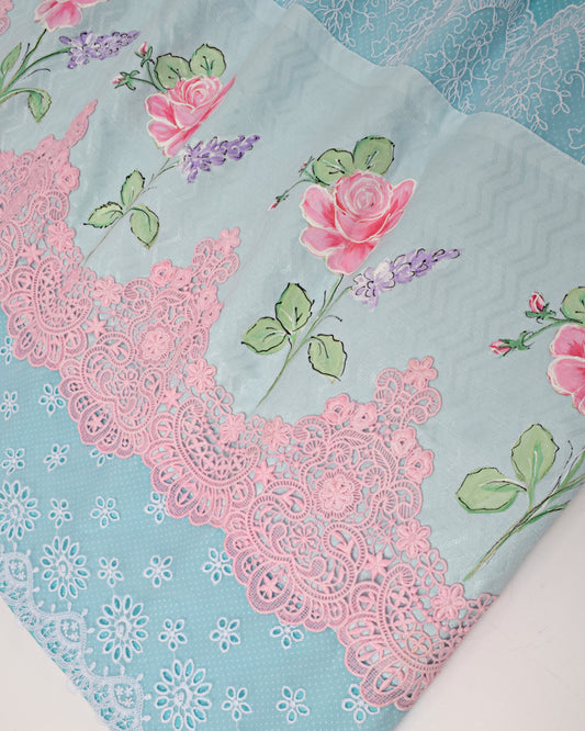 Light Blue White Dots Rida With Smart Lace & Rose Painting Work